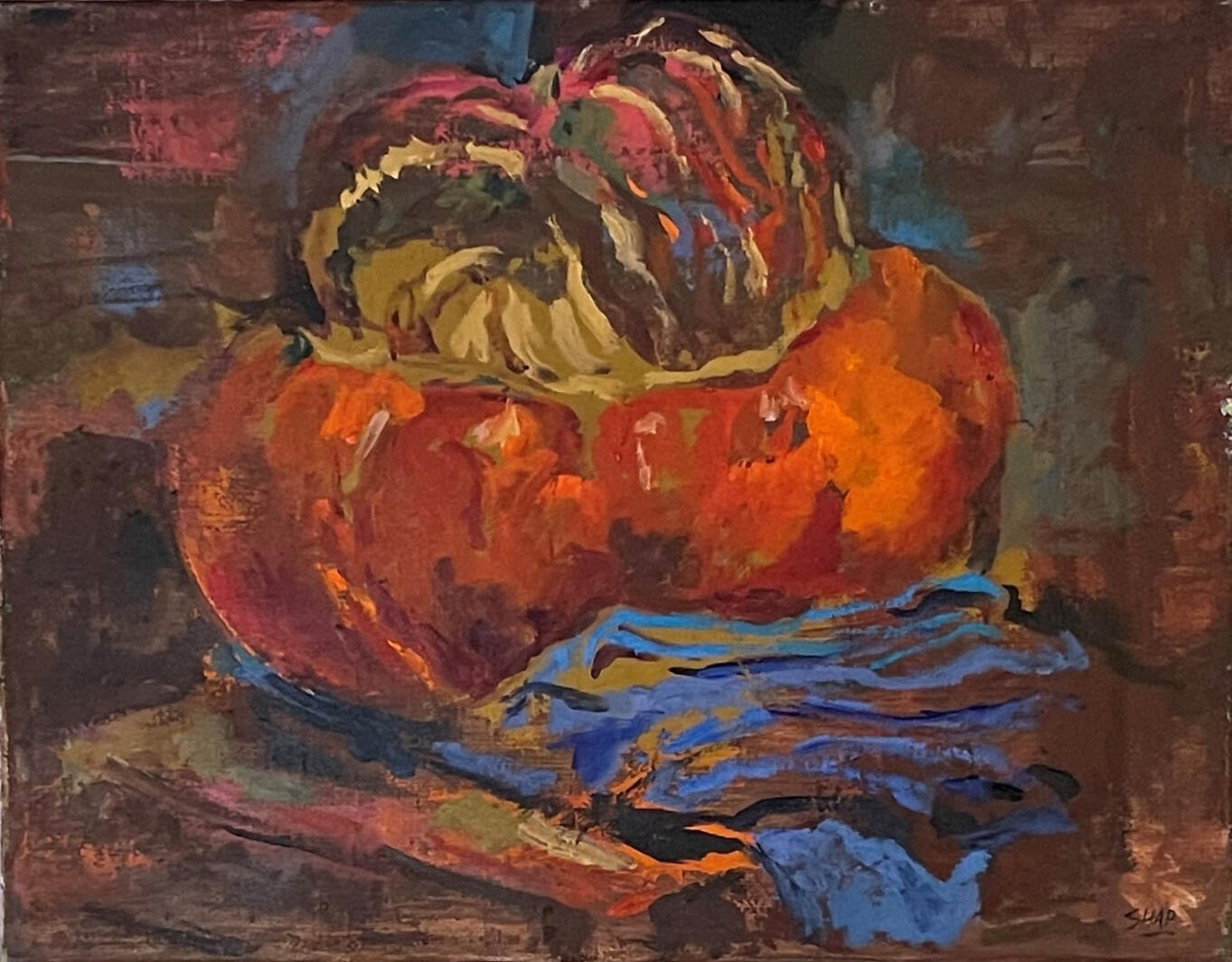 Pumpkin and Blue Cloth, 14x10.5"